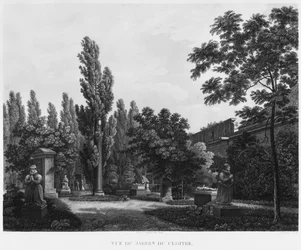 Garden of the cloister, Musee des Monuments Francais, Paris, illustration from Vues pittoresques et perspectives des salles du Musee des Monuments Francais et des principaux ouvrages, engraved by